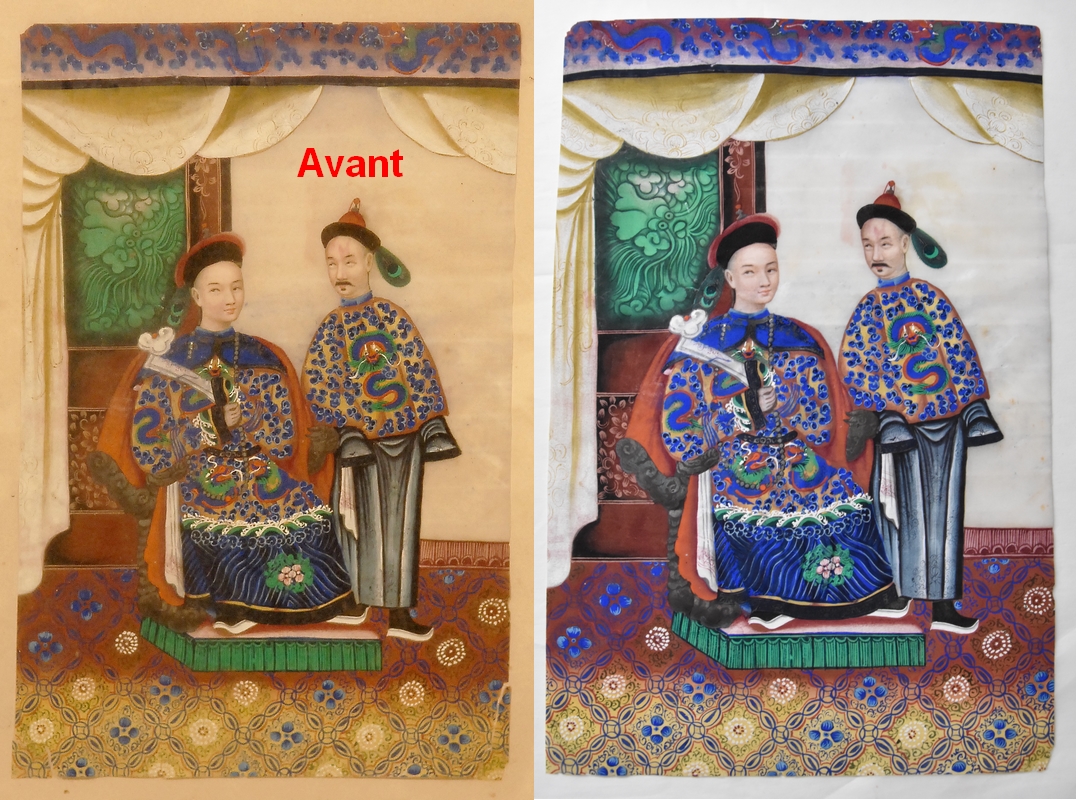 Deux chinois en pourparlers, Chine, milieu du XIXe siècle, peinture à la tempera sur papier de moelle (inv.81.1.198 et 81.1.199)