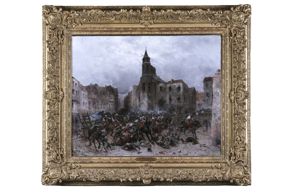 « Un combat d&rsquo;escorte dans les rues de Verdun, août 1870 », Wilfrid-Constant Beauquesne (1840-1913), 1898, huile sur toile, inv. 2023.1.1